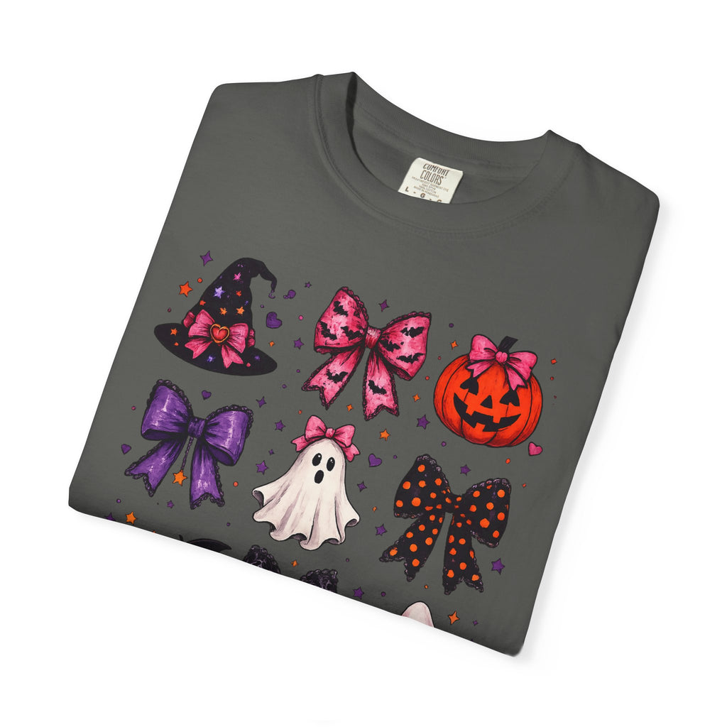 Halloween Bow Icons T-Shirt — Cute Spooky Ghost, Pumpkin & Bat Graphic Tee