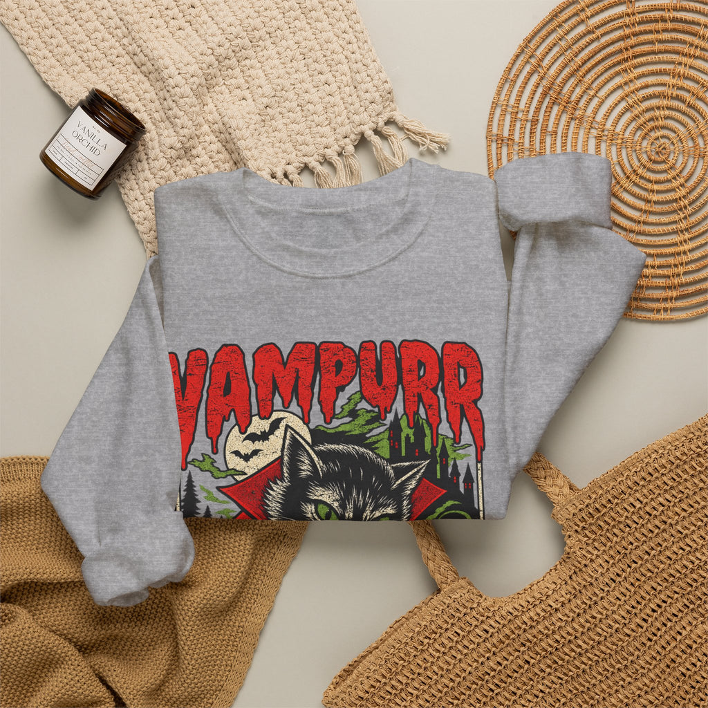 Vampurr Bites Again Sweatshirt — Retro Horror Cat Graphic Crewneck
