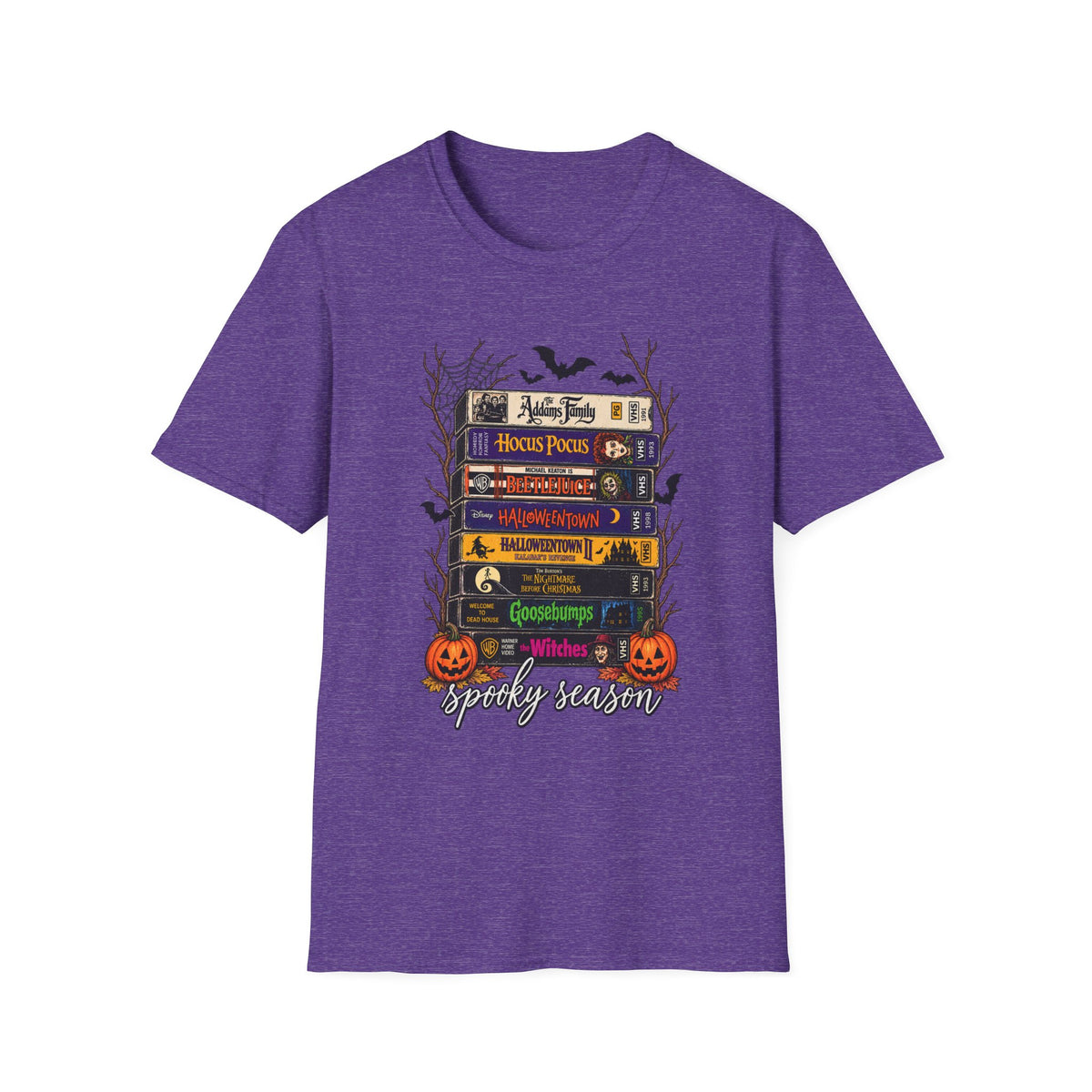 Halloween Movie Book Stack  Soft style T-Shirt — Hocus Pocus, Beetlejuice & Halloween Town Graphic Gildan Tee