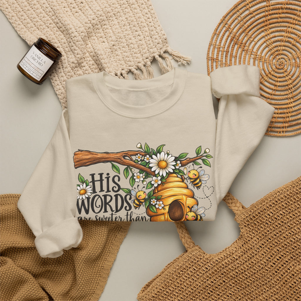 Crewneck Sweatshirt — “His Words Are Sweeter Than Honey” Bee & Beehive Design