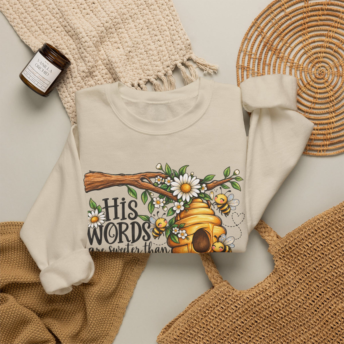 Crewneck Sweatshirt — “His Words Are Sweeter Than Honey” Bee & Beehive Design