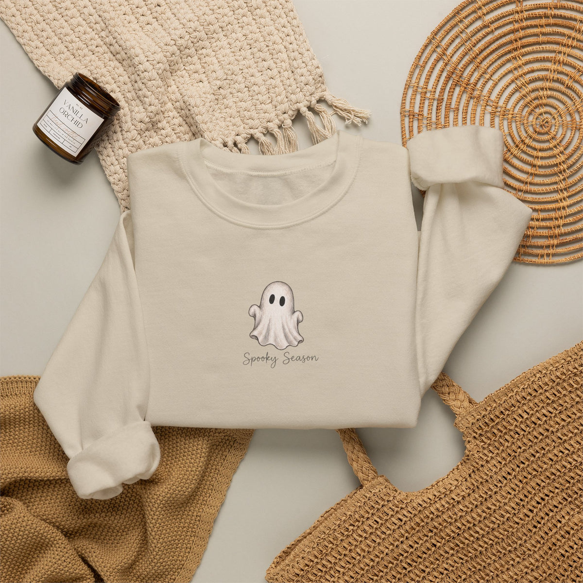 Ghost Cute Crewneck Sweatshirt — Tiny Ghost "Boo" Graphic Pullover