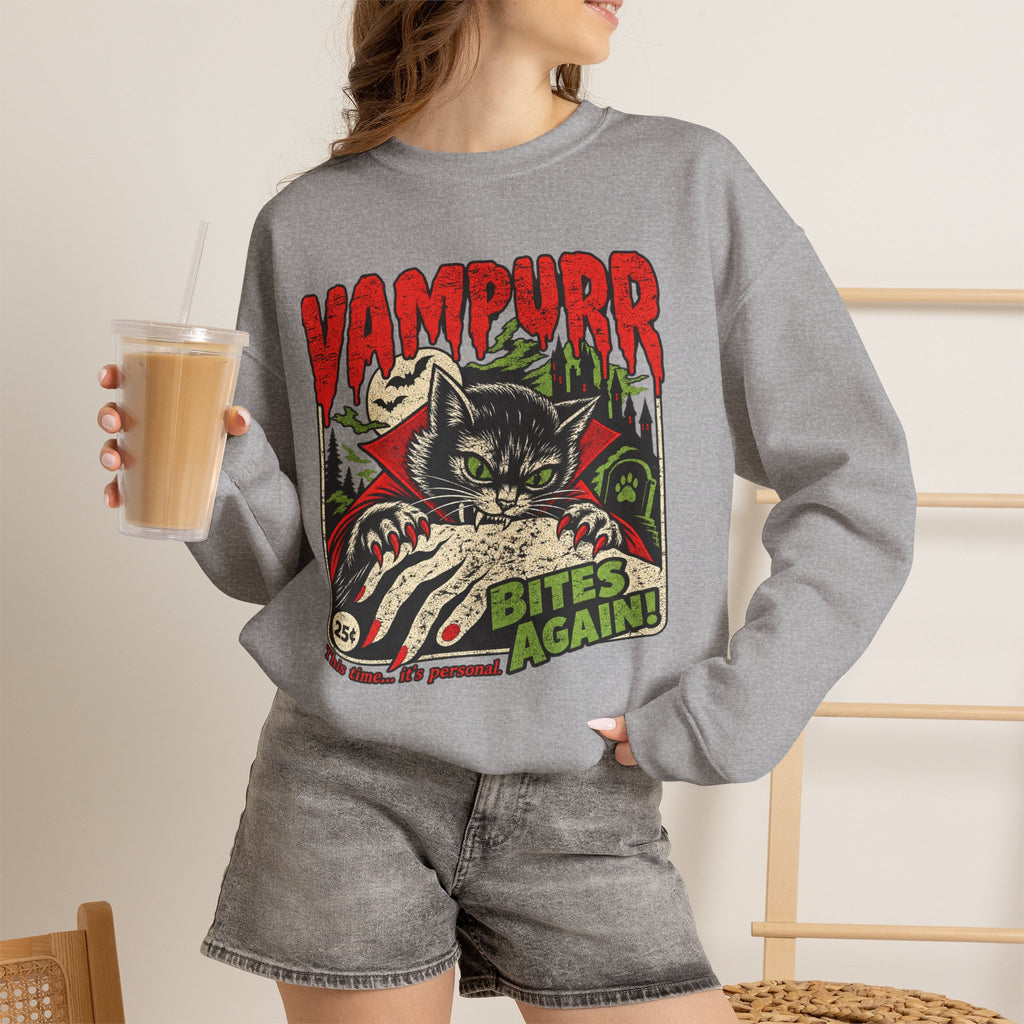Vampurr Bites Again Sweatshirt — Retro Horror Cat Graphic Crewneck