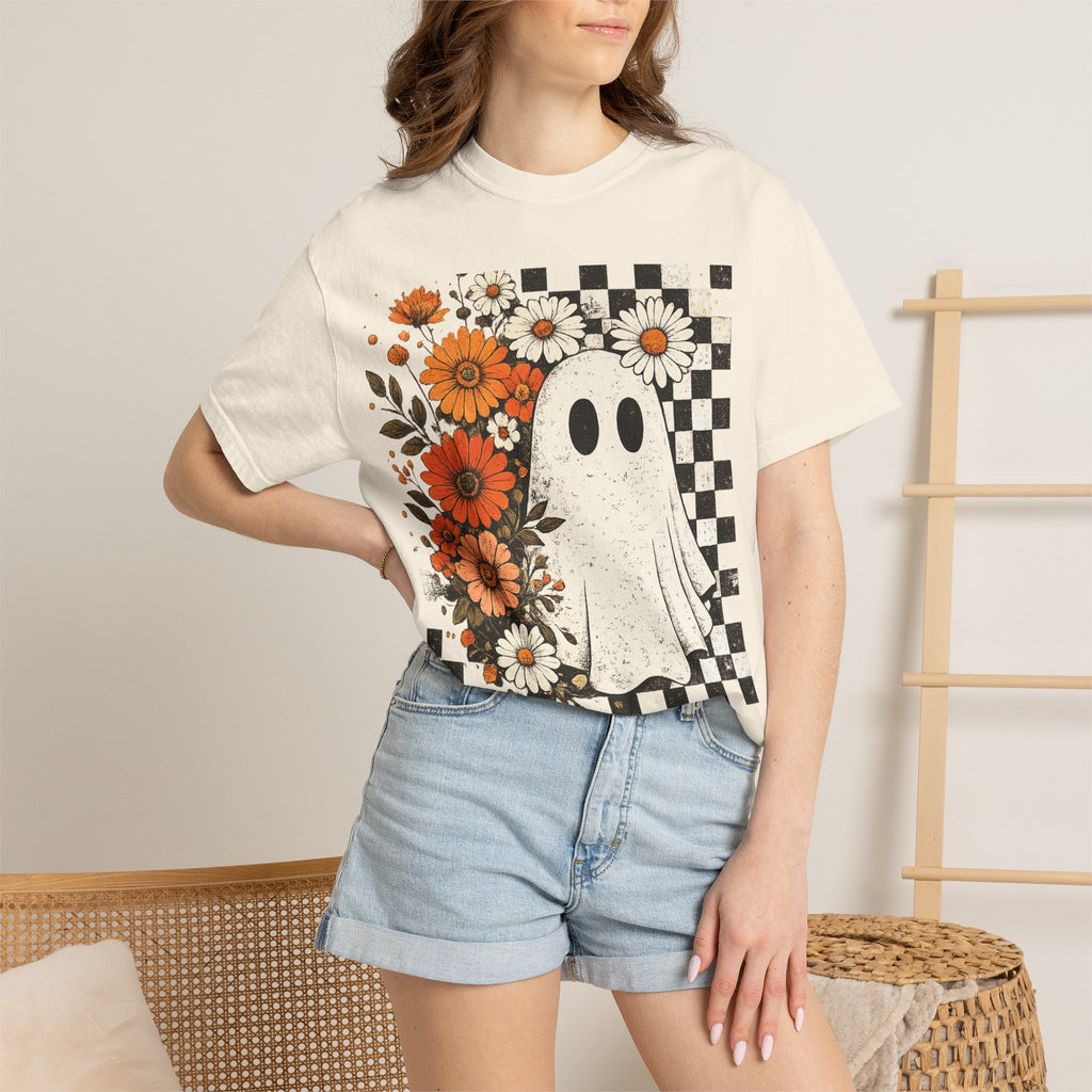 Ghost & Flowers Graphic Tee — Checkerboard Floral Halloween T-Shirt