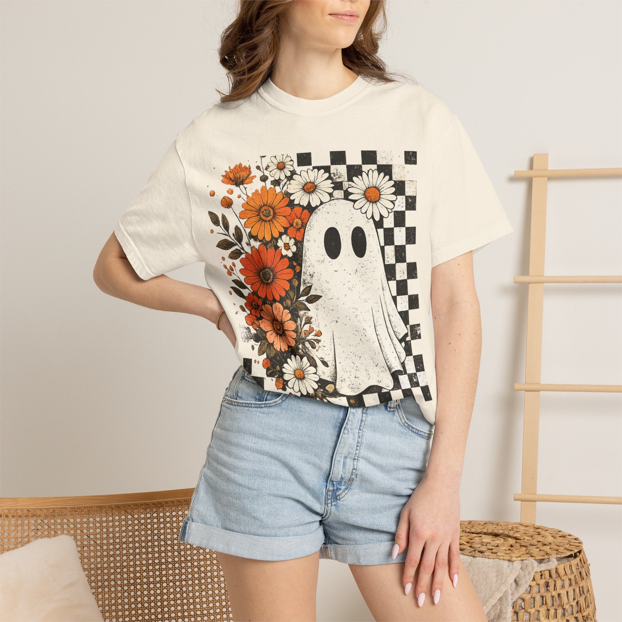 Ghost & Flowers Graphic Tee — Checkerboard Floral Halloween T-Shirt