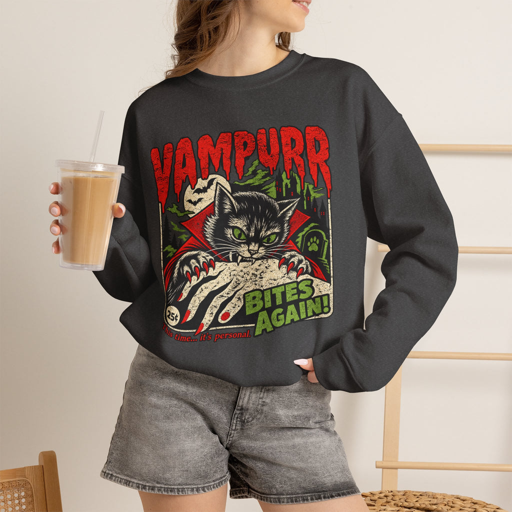 Vampurr Bites Again Sweatshirt — Retro Horror Cat Graphic Crewneck
