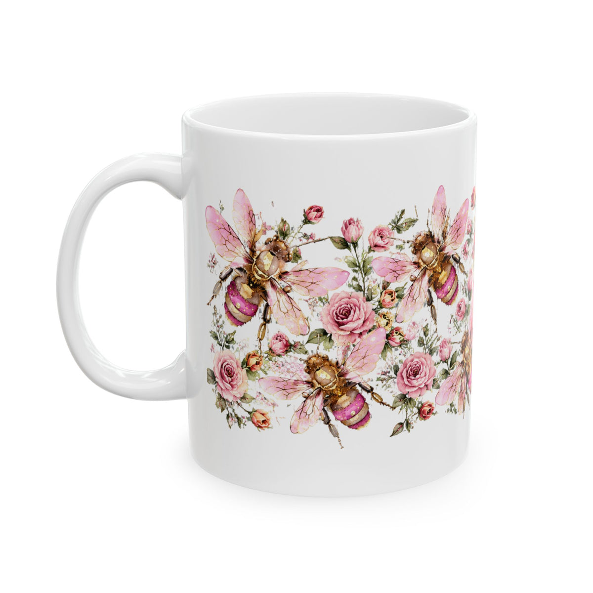 Floral Bee Ceramic Mug — Pink Watercolor Bees & Roses, 11oz/15oz