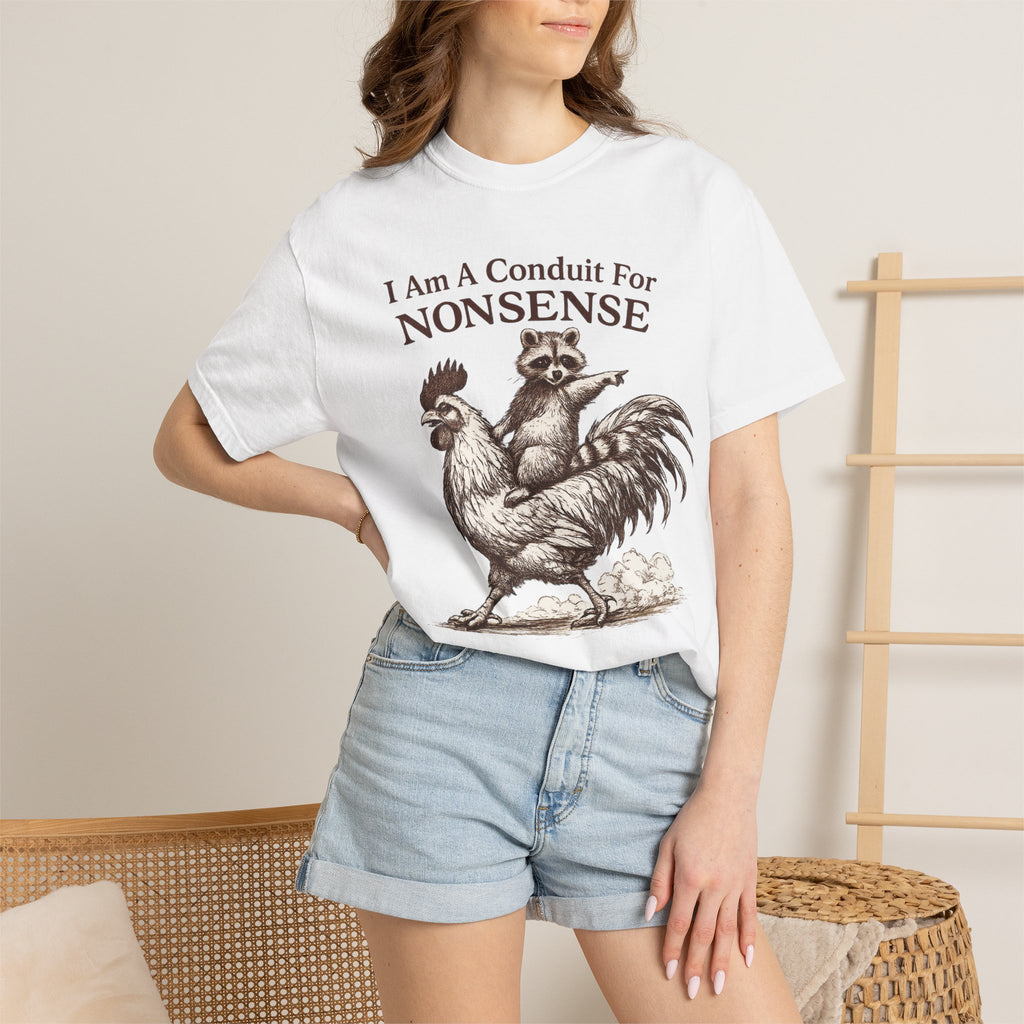 I Am a Conduit for Nonsense T-Shirt — Raccoon Riding Rooster Vintage Graphic Tee