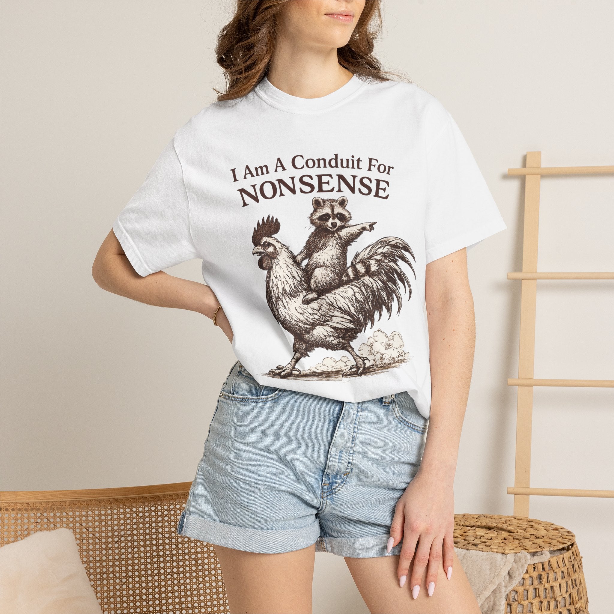 I Am a Conduit for Nonsense T-Shirt — Raccoon Riding Rooster Vintage Graphic Tee