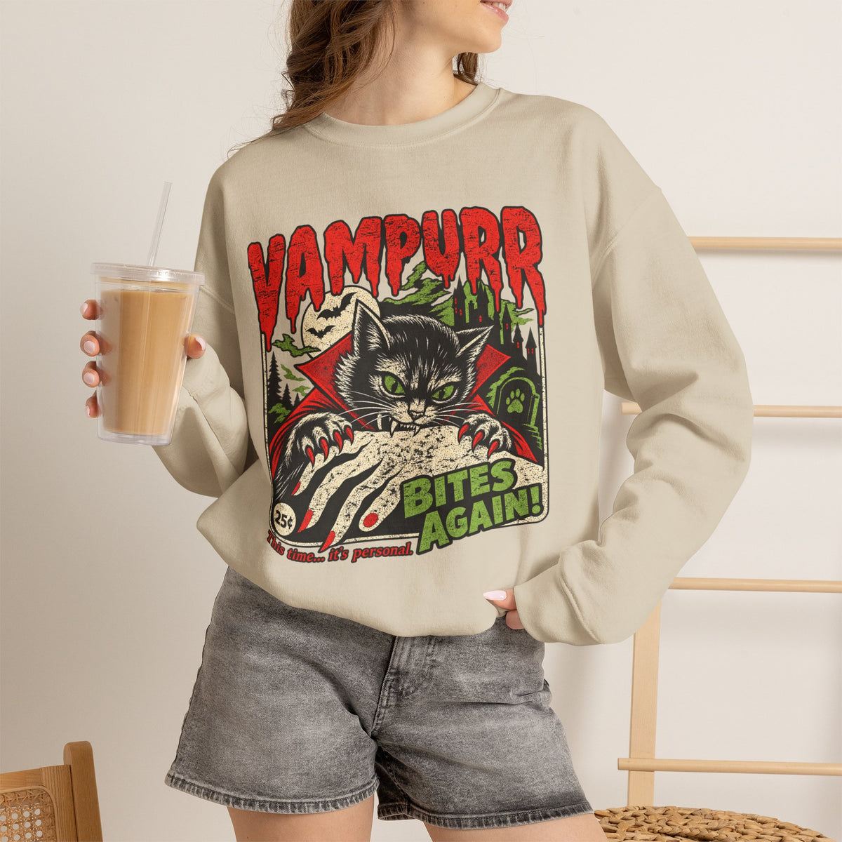 Vampurr Bites Again Sweatshirt — Retro Horror Cat Graphic Crewneck