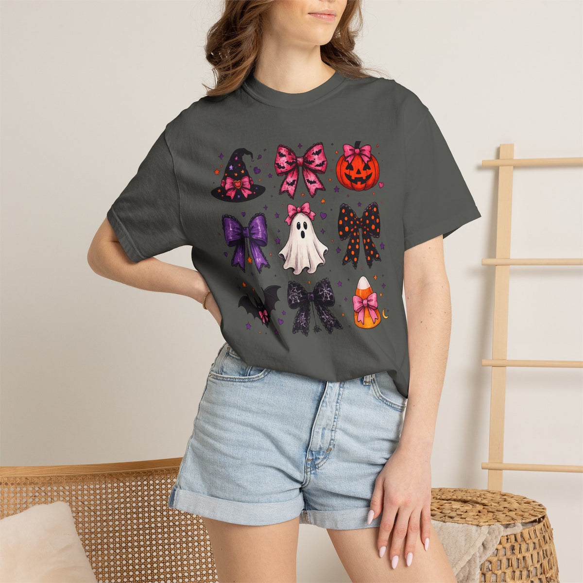 Halloween Bow Icons T-Shirt — Cute Spooky Ghost, Pumpkin & Bat Graphic Tee