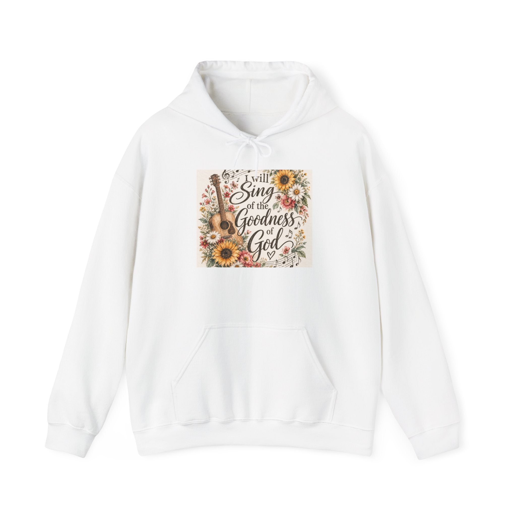 Christian Hoodie — "I Will Sing of the Goodness of God" Floral Guitar Design
