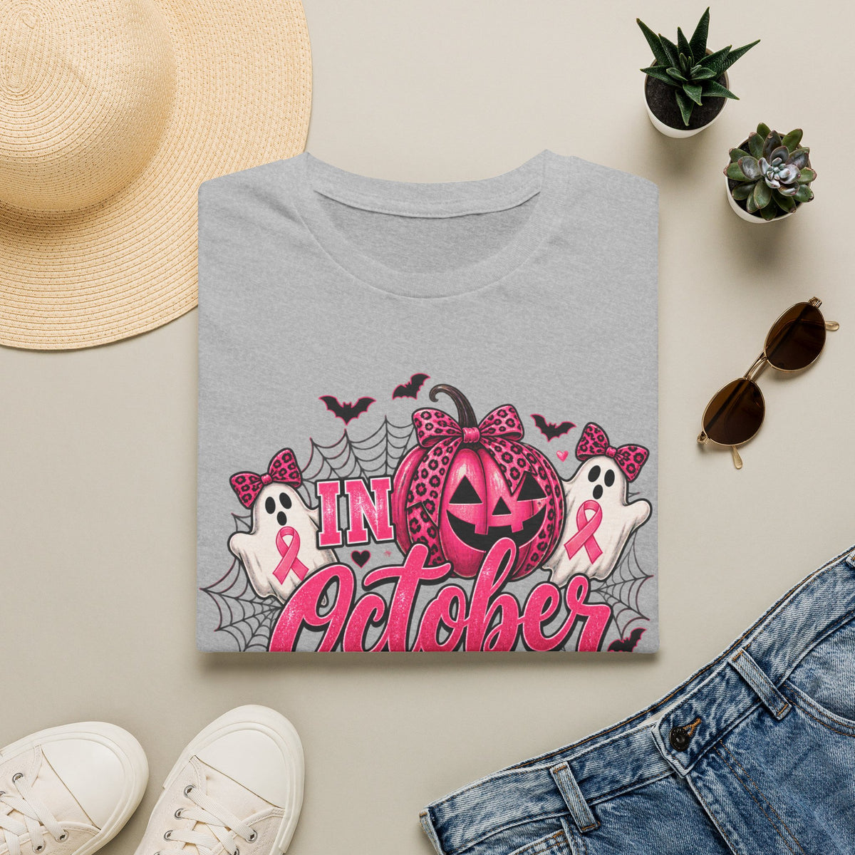 Breast Cancer Awareness Halloween T-Shirt — "In October We Wear Pink" Pumpkin & Ghost Design