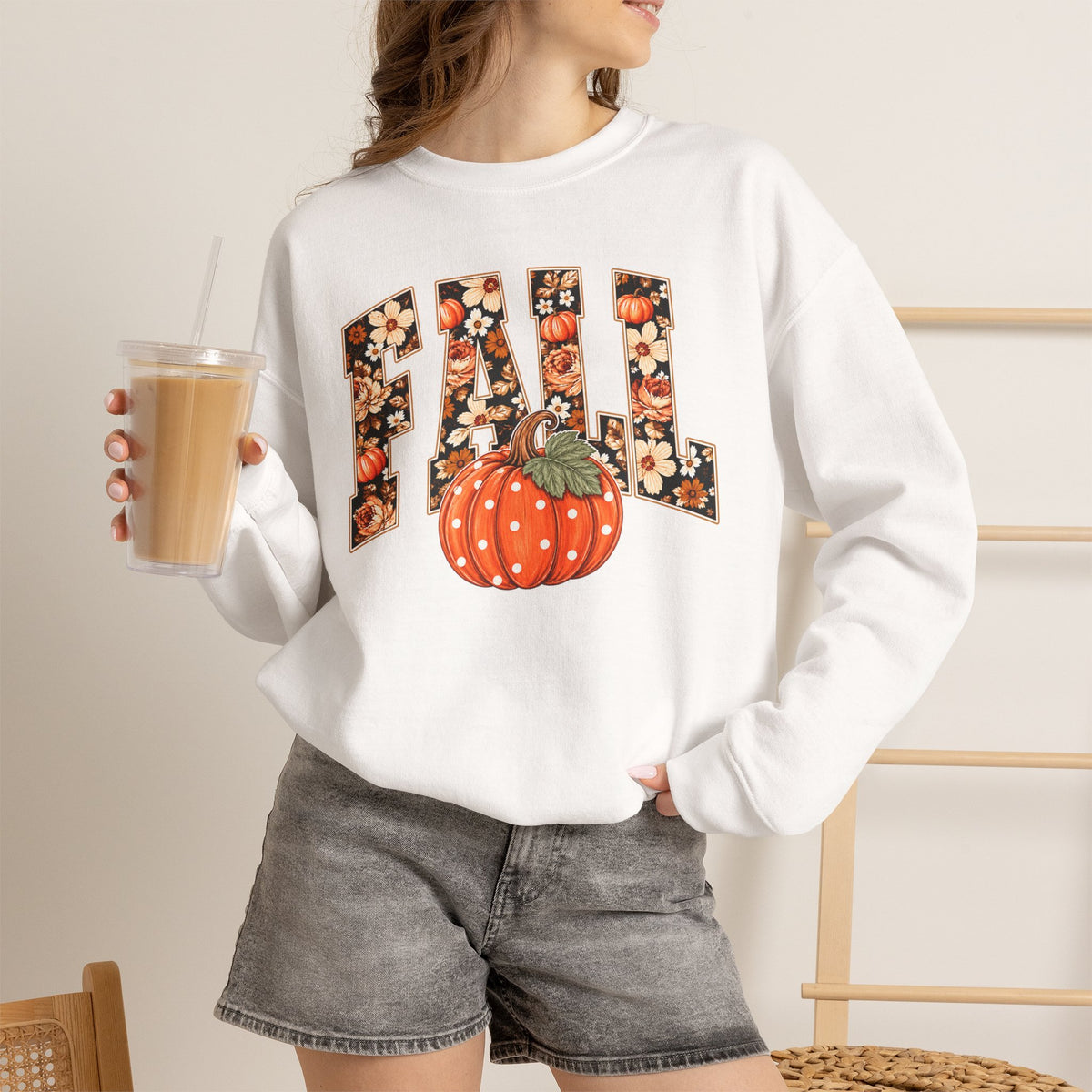 Fall Crewneck Sweatshirt – Floral Lettering with Pumpkin Graphic