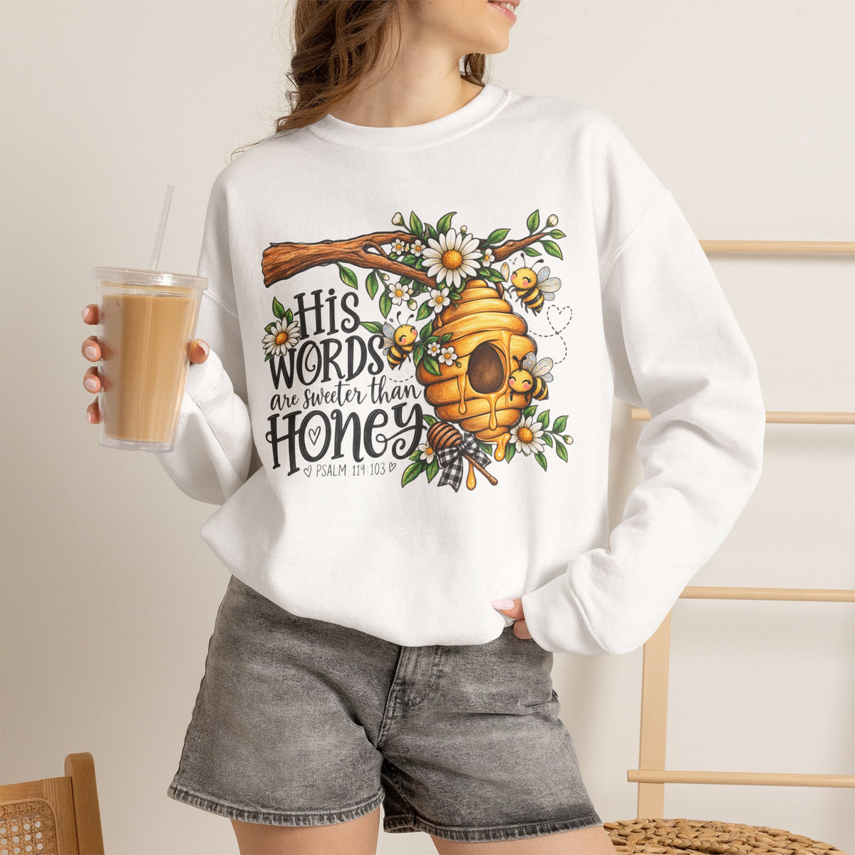 Crewneck Sweatshirt — “His Words Are Sweeter Than Honey” Bee & Beehive Design