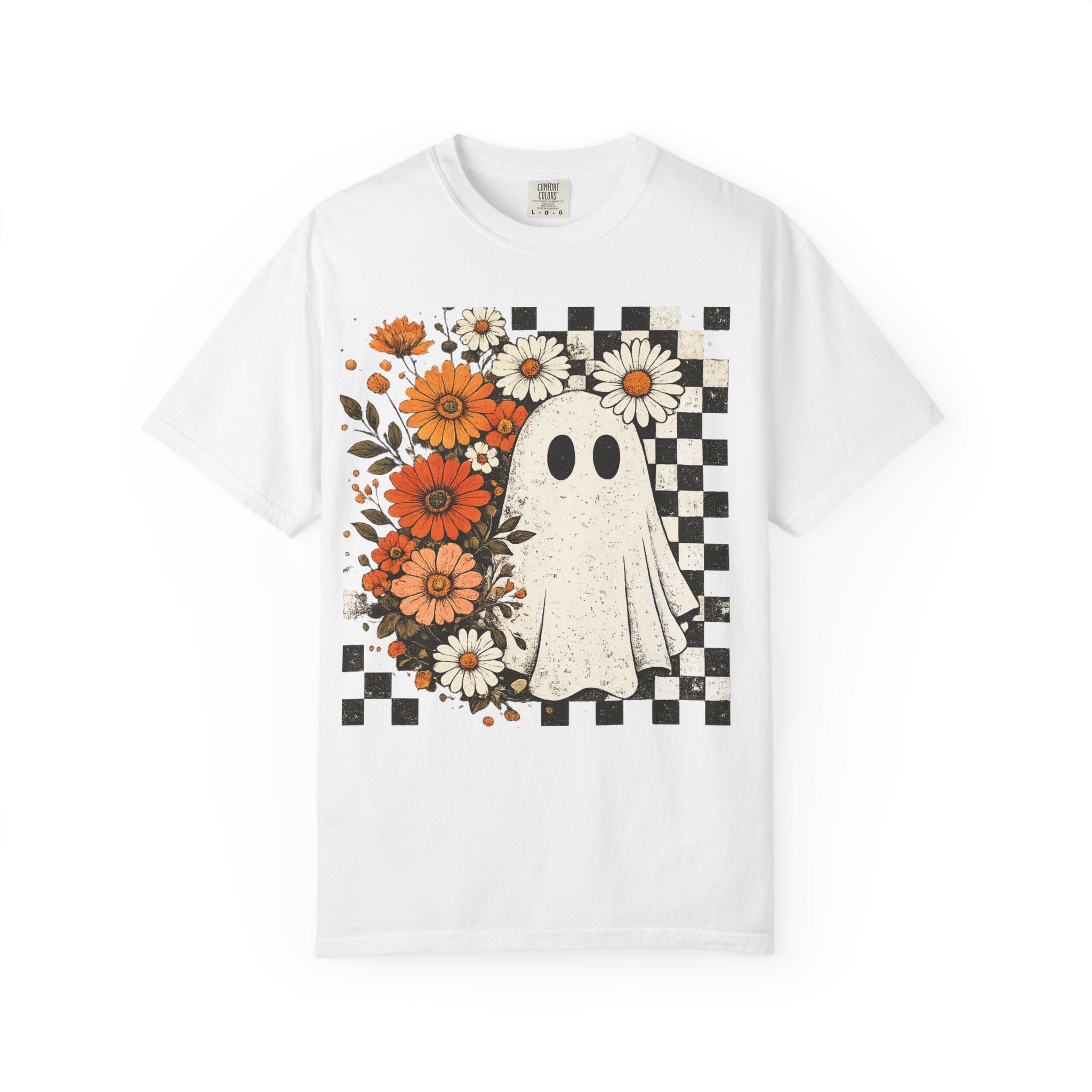 Ghost & Flowers Graphic Tee — Checkerboard Floral Halloween T-Shirt