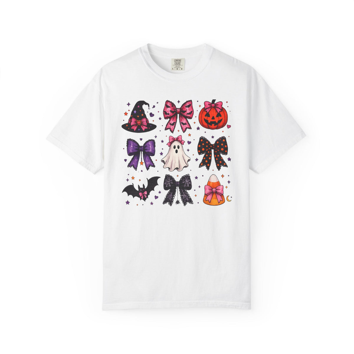 Halloween Bow Icons T-Shirt — Cute Spooky Ghost, Pumpkin & Bat Graphic Tee