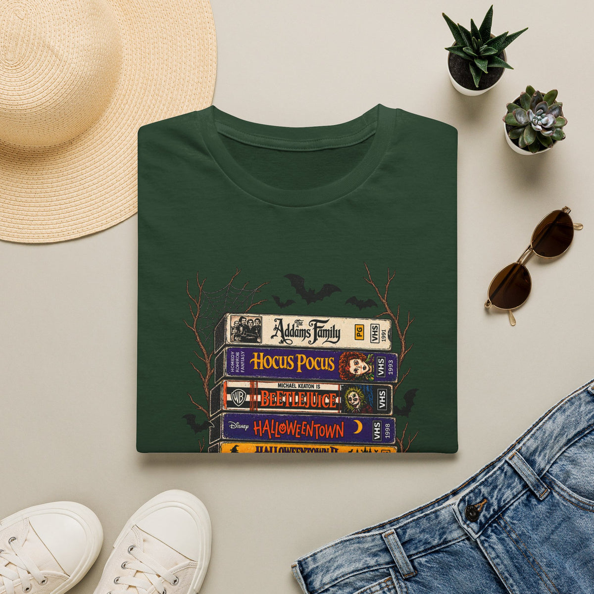 Halloween Movie Book Stack  Soft style T-Shirt — Hocus Pocus, Beetlejuice & Halloween Town Graphic Gildan Tee
