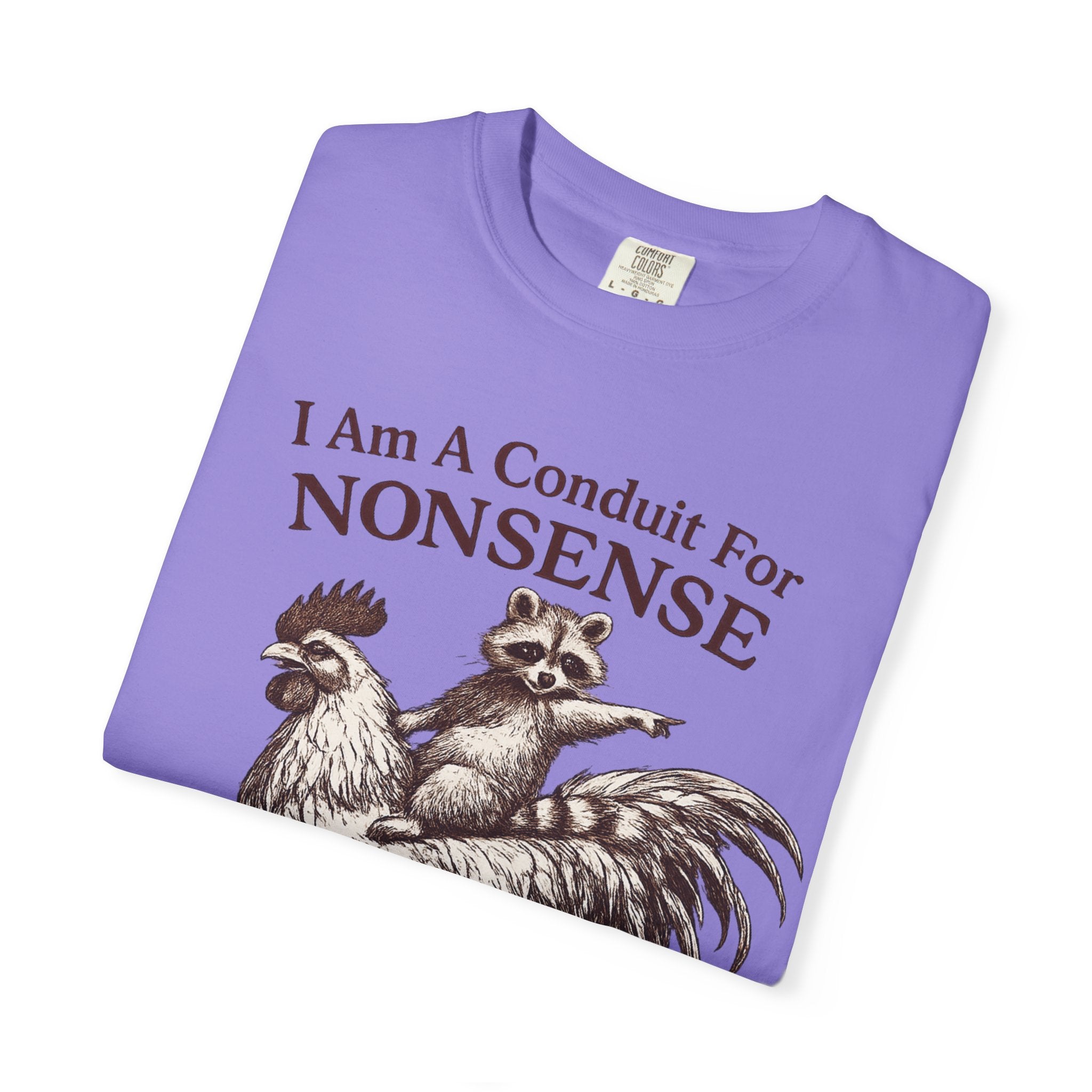 I Am a Conduit for Nonsense T-Shirt — Raccoon Riding Rooster Vintage Graphic Tee