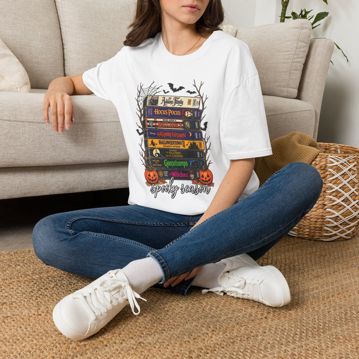 Halloween Movie Book Stack  Soft style T-Shirt — Hocus Pocus, Beetlejuice & Halloween Town Graphic Gildan Tee