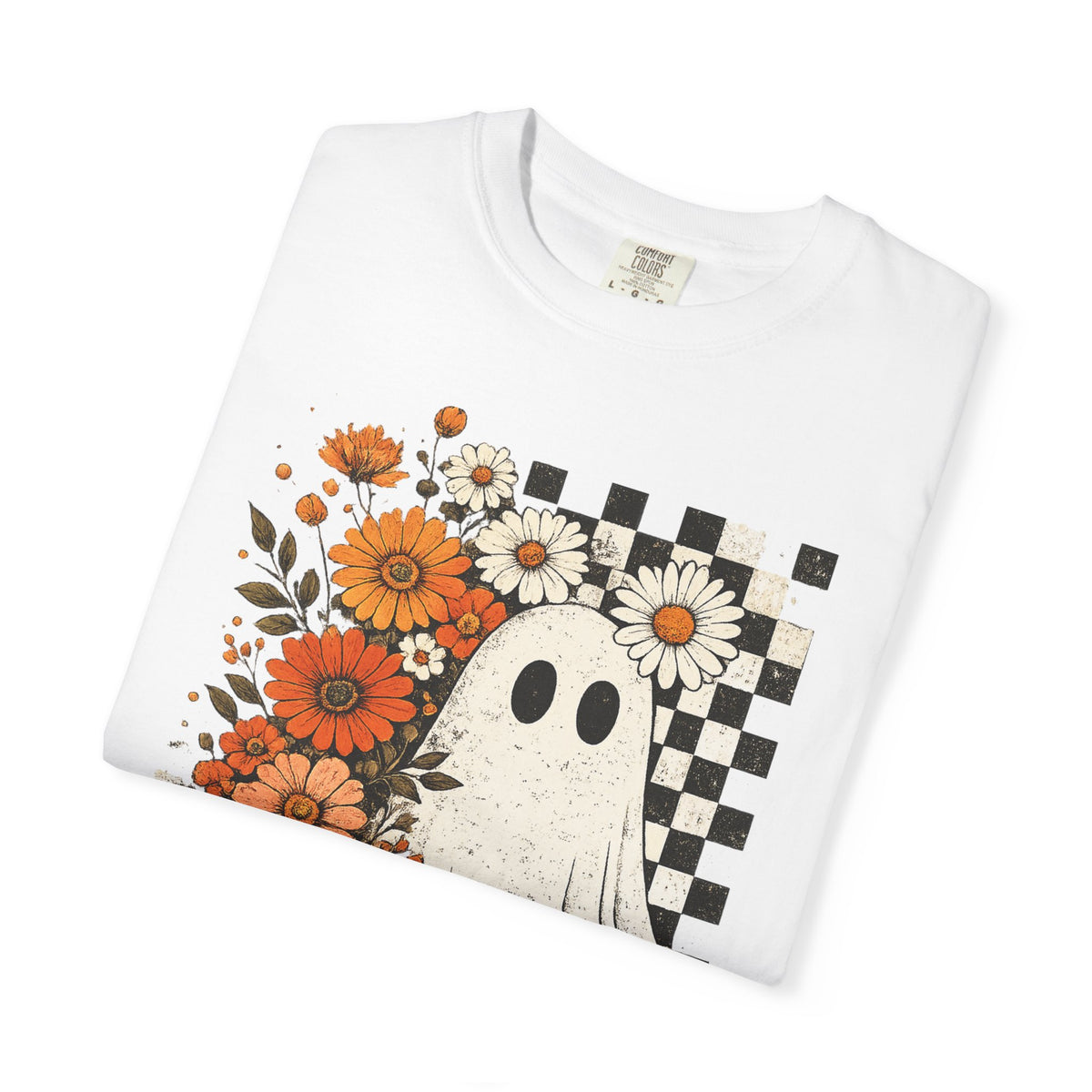 Ghost & Flowers Graphic Tee — Checkerboard Floral Halloween T-Shirt