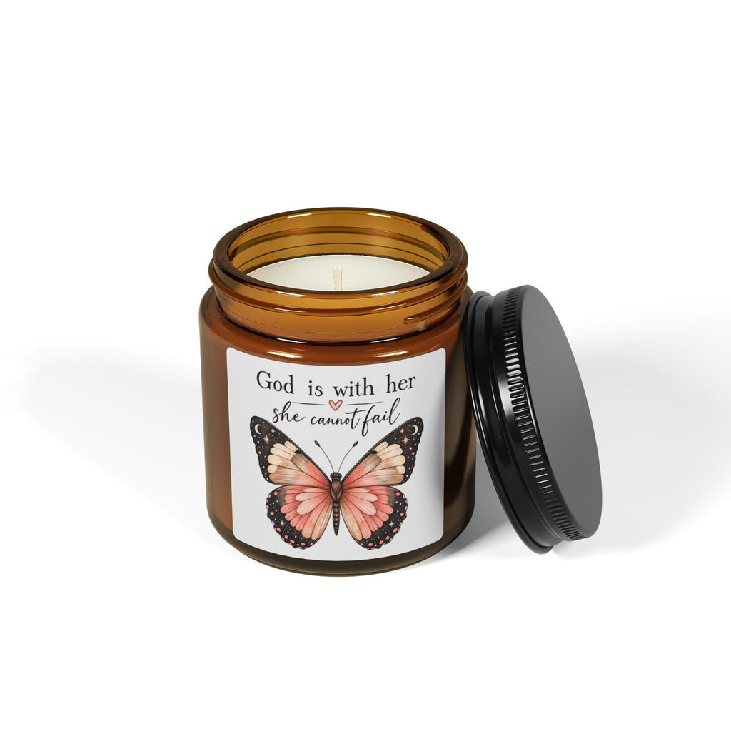 Inspirational Butterfly Soy Candle — "God is with her, she cannot fail" Amber Jar