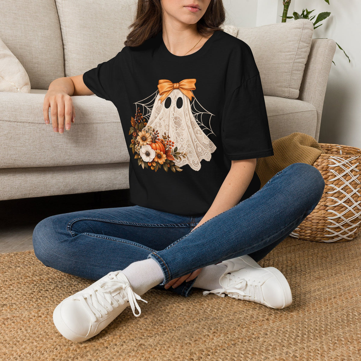 Lace Ghost Tee — Cute Halloween Ghost with Orange Bow & Autumn Florals