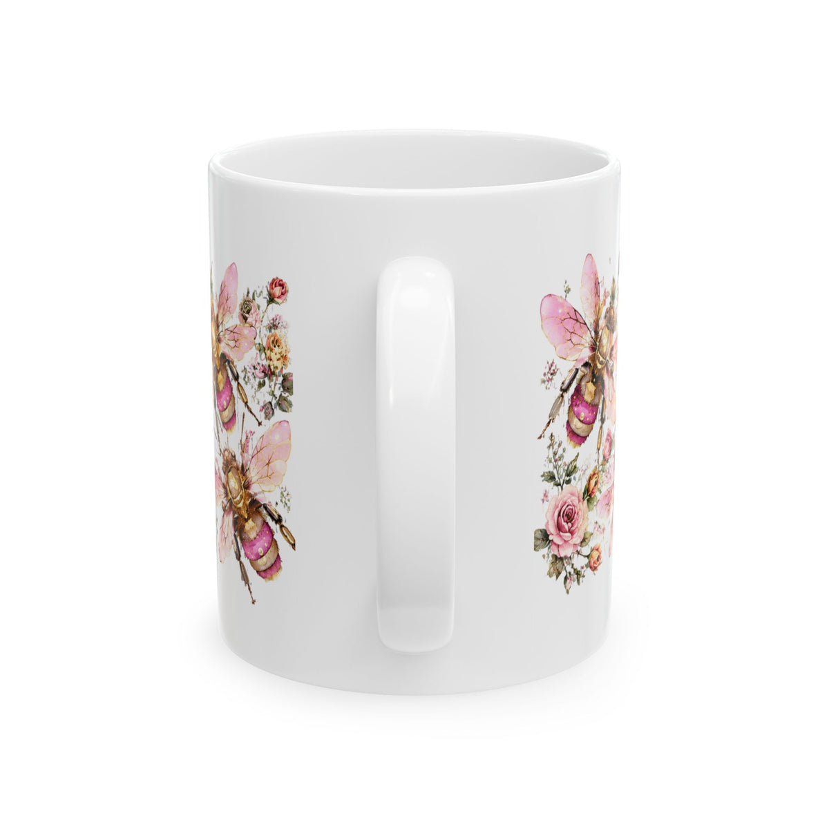 Floral Bee Ceramic Mug — Pink Watercolor Bees & Roses, 11oz/15oz