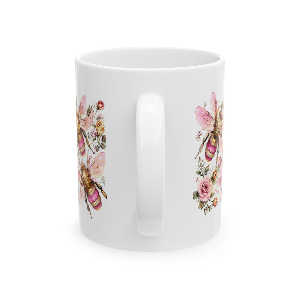Floral Bee Ceramic Mug — Pink Watercolor Bees & Roses, 11oz/15oz