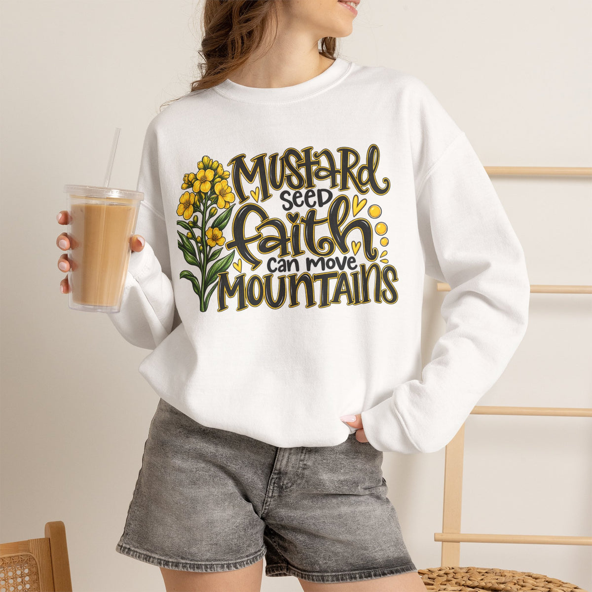 Faith Sweatshirt — "Mustard Seed Faith Can Move Mountains" Floral Crewneck