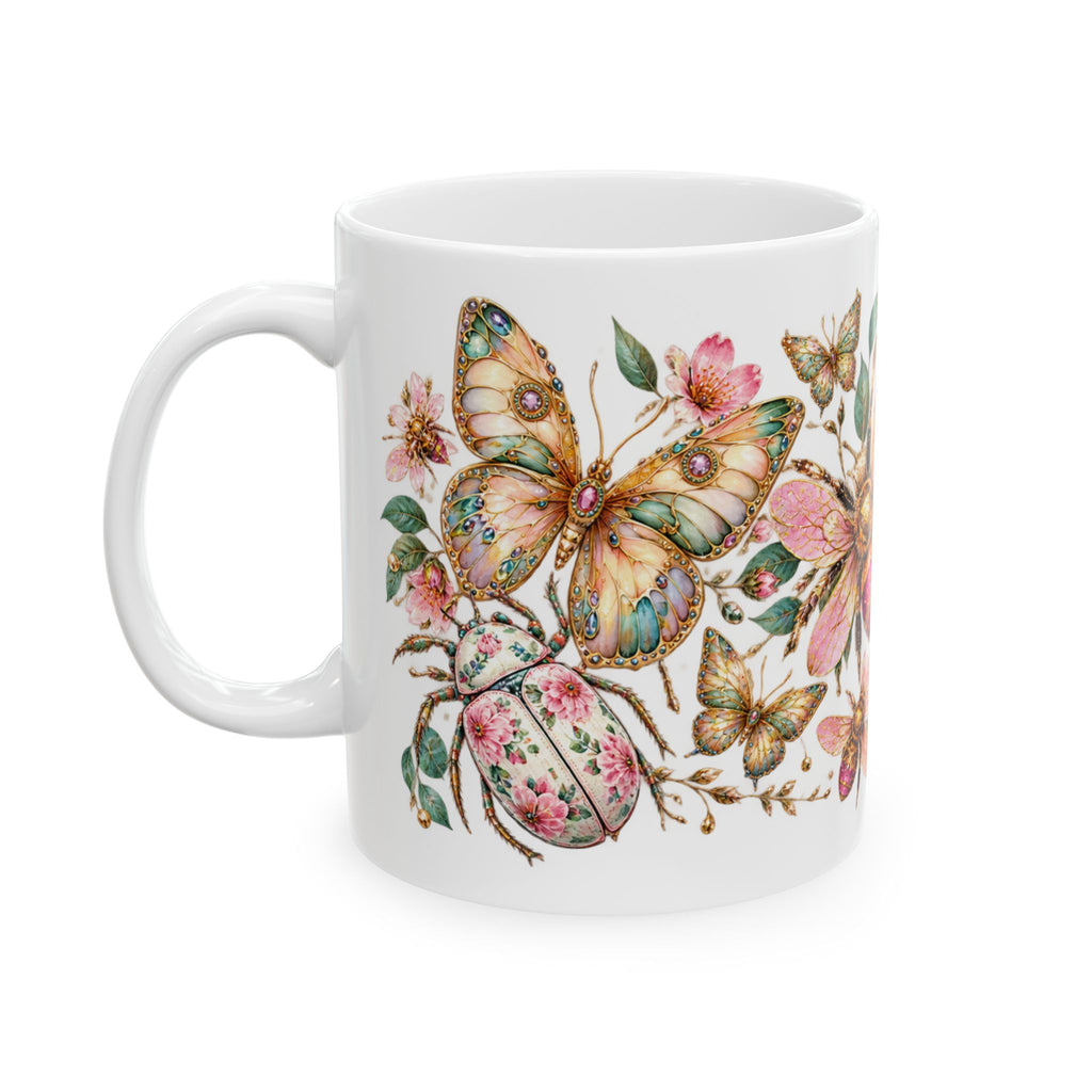 Floral Bees Ceramic Mug — Pink Vintage Bee & Butterfly Garden Coffee Cup (11oz, 15oz)