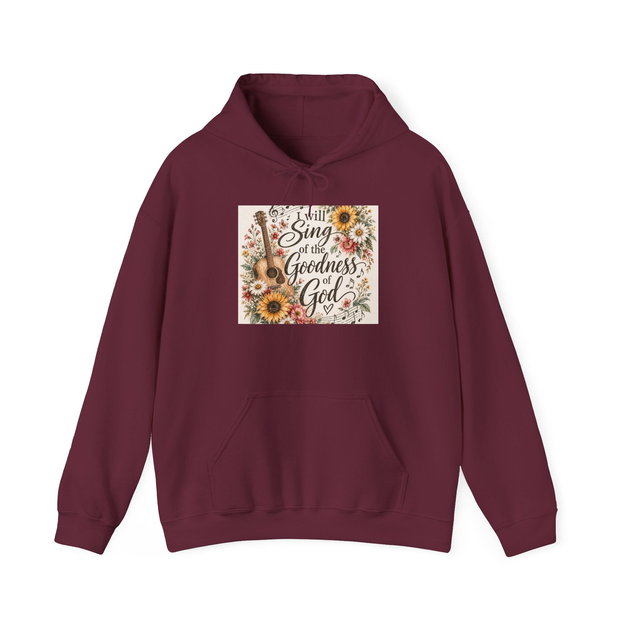 Christian Hoodie — "I Will Sing of the Goodness of God" Floral Guitar Design