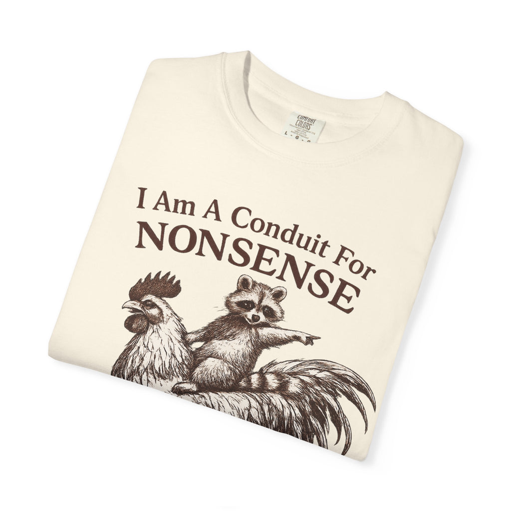 I Am a Conduit for Nonsense T-Shirt — Raccoon Riding Rooster Vintage Graphic Tee