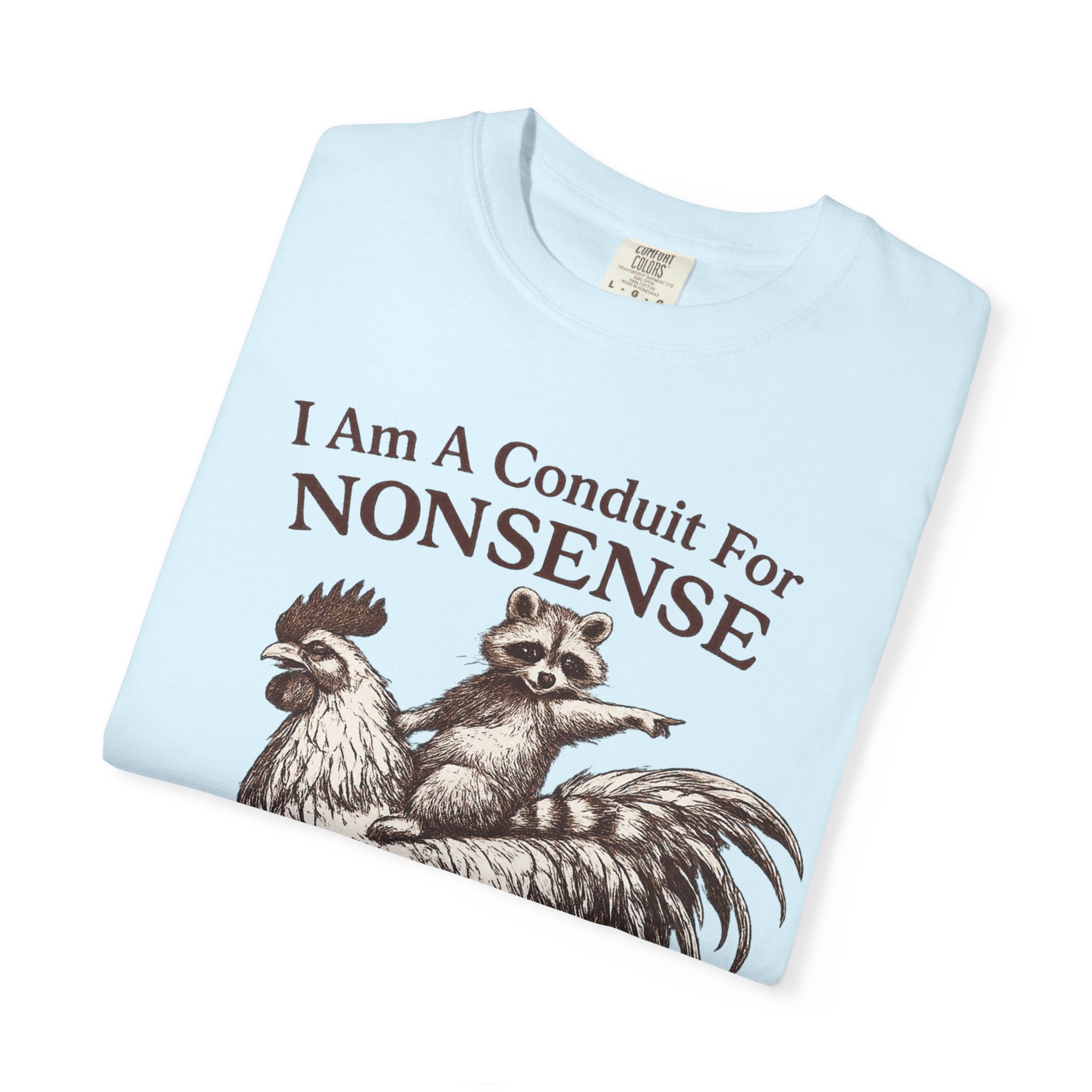 I Am a Conduit for Nonsense T-Shirt — Raccoon Riding Rooster Vintage Graphic Tee