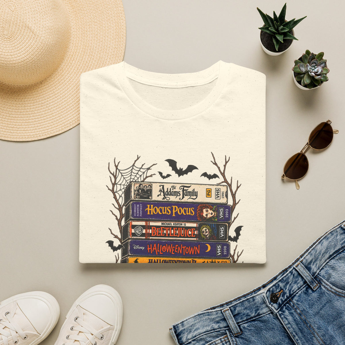 Halloween Movie Book Stack  Soft style T-Shirt — Hocus Pocus, Beetlejuice & Halloween Town Graphic Gildan Tee