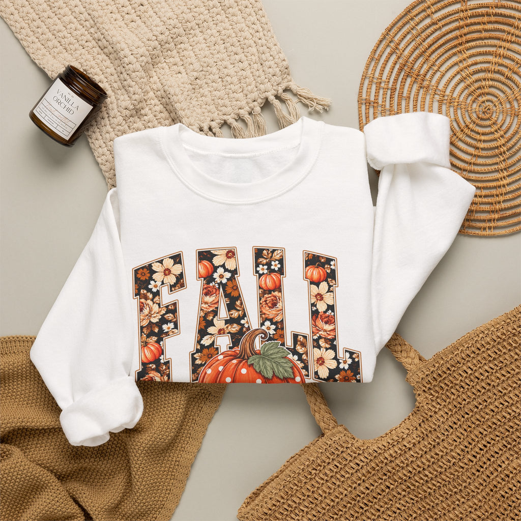 Fall Crewneck Sweatshirt – Floral Lettering with Pumpkin Graphic