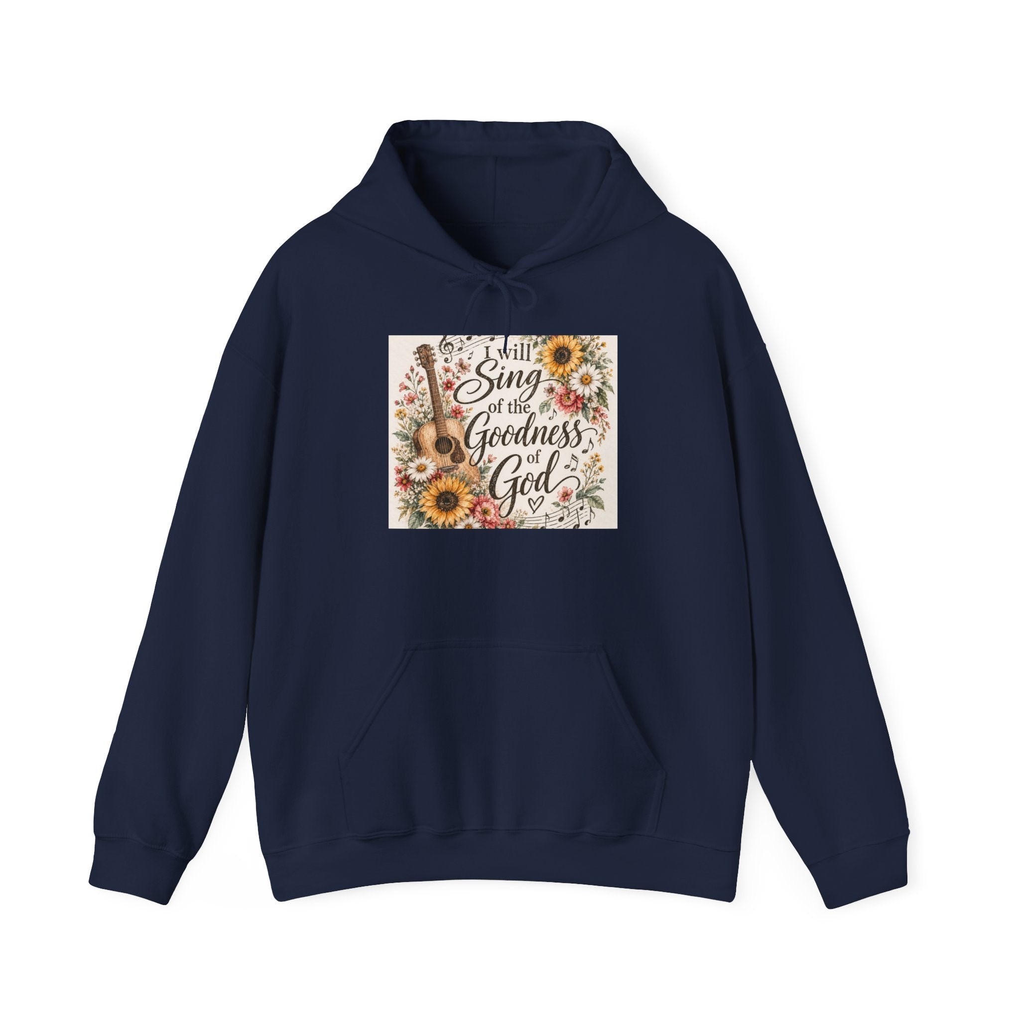 Christian Hoodie — "I Will Sing of the Goodness of God" Floral Guitar Design
