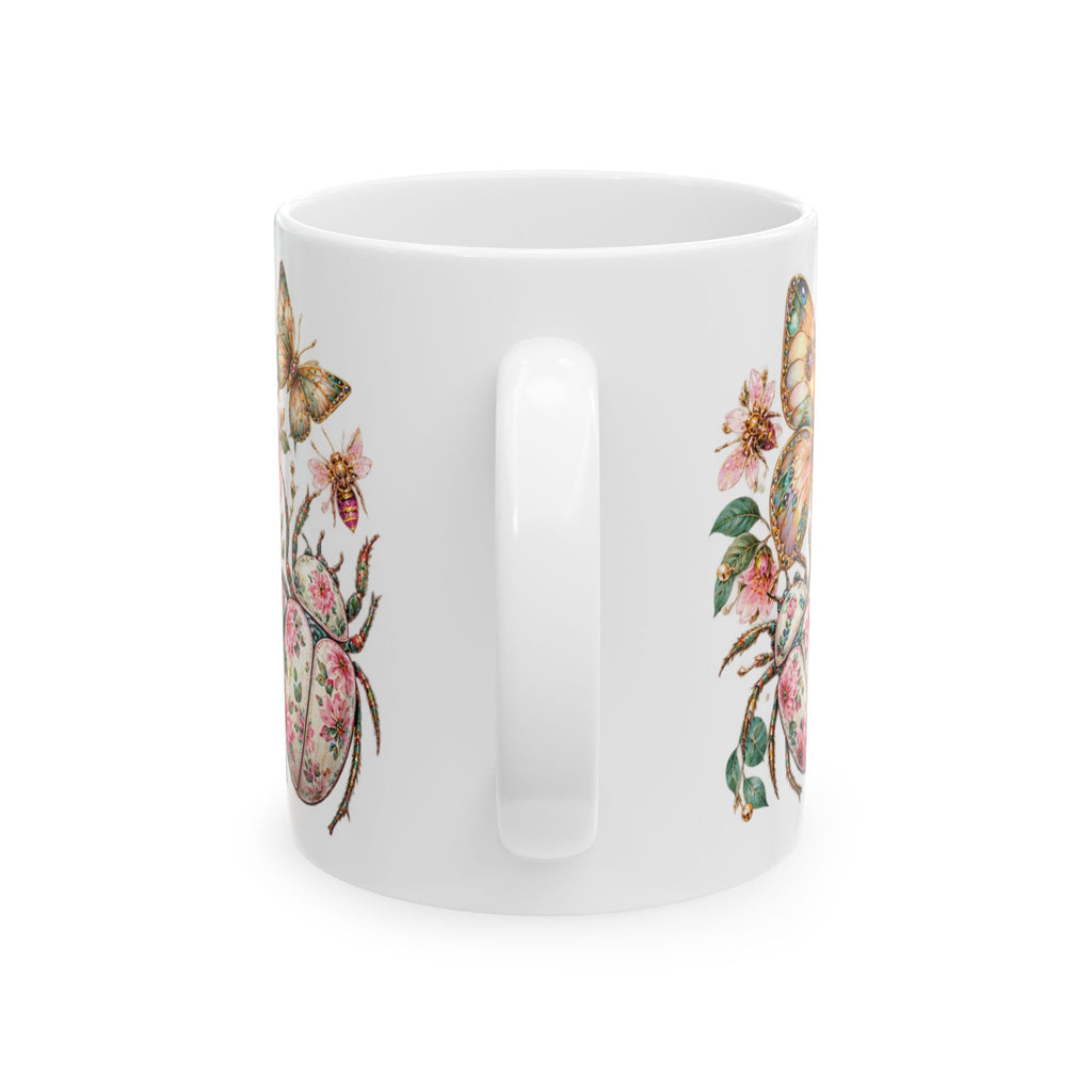 Floral Bees Ceramic Mug — Pink Vintage Bee & Butterfly Garden Coffee Cup (11oz, 15oz)