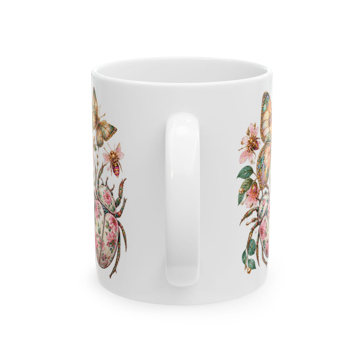 Floral Bees Ceramic Mug — Pink Vintage Bee & Butterfly Garden Coffee Cup (11oz, 15oz)
