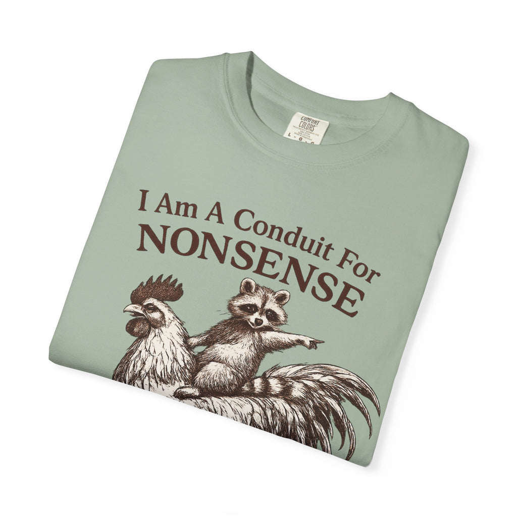 I Am a Conduit for Nonsense T-Shirt — Raccoon Riding Rooster Vintage Graphic Tee