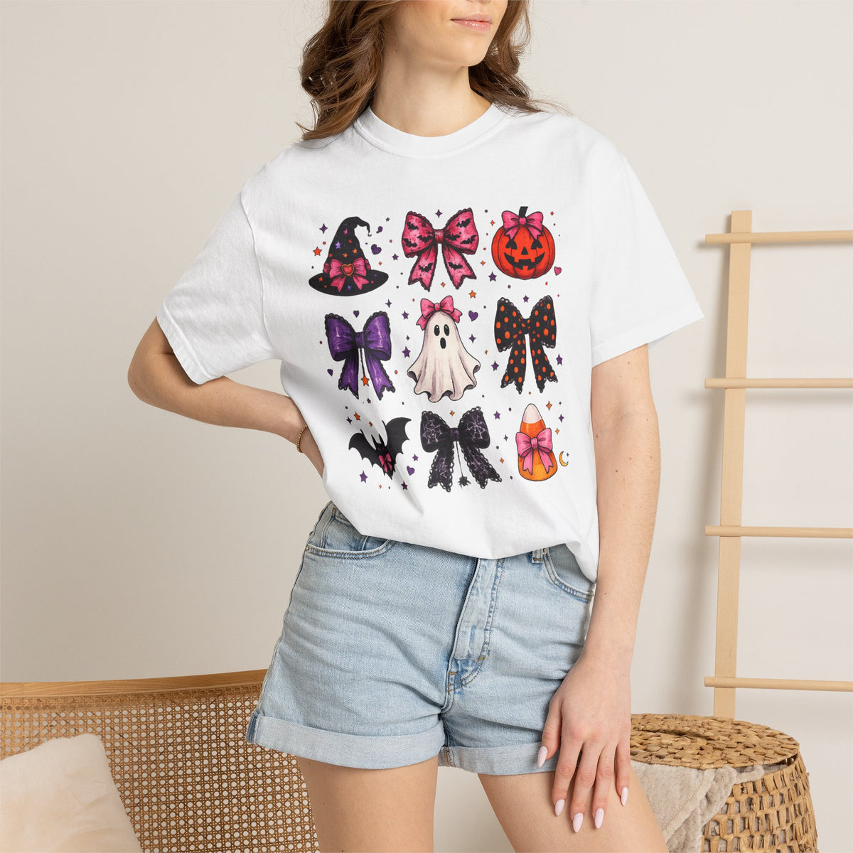 Halloween Bow Icons T-Shirt — Cute Spooky Ghost, Pumpkin & Bat Graphic Tee