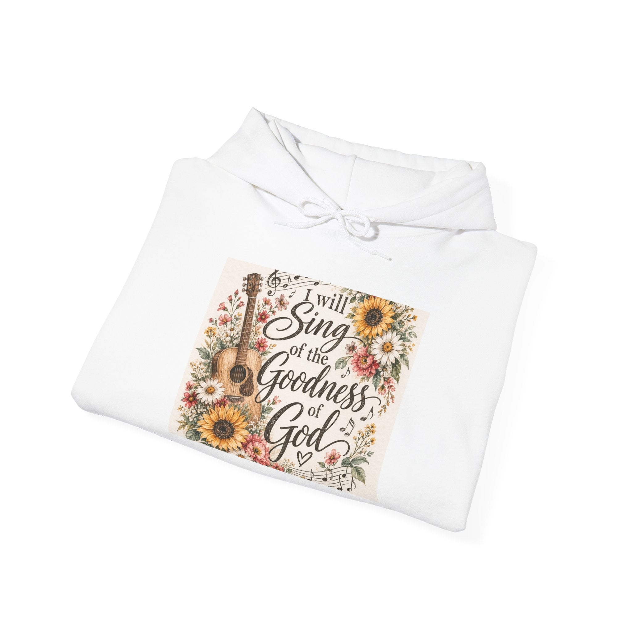 Christian Hoodie — "I Will Sing of the Goodness of God" Floral Guitar Design