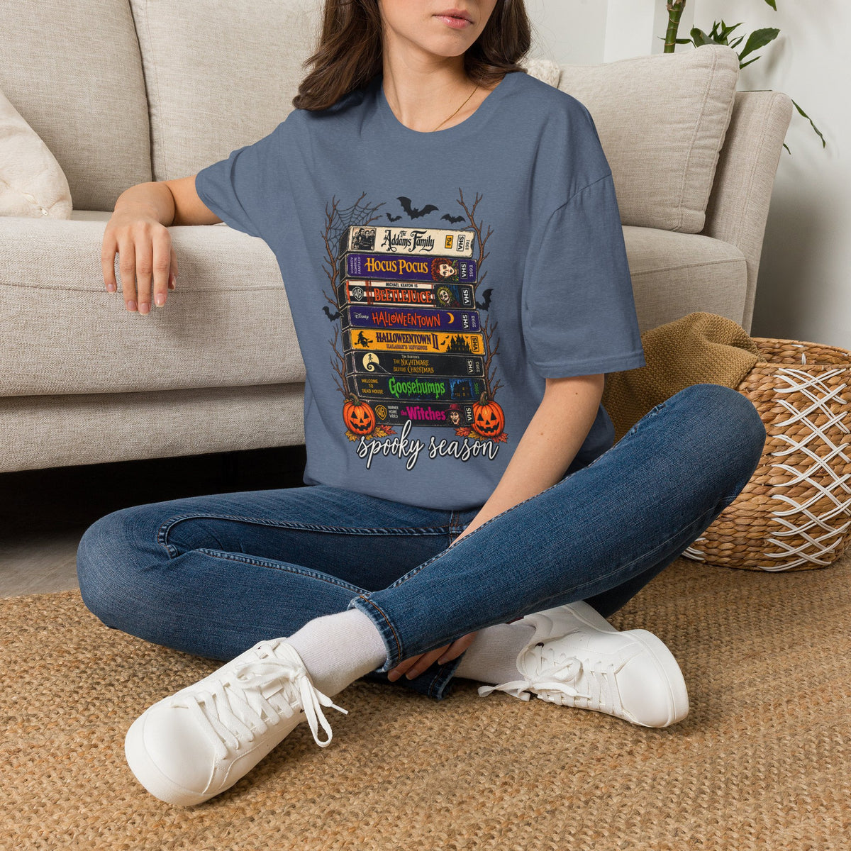 Halloween Movie Book Stack  Soft style T-Shirt — Hocus Pocus, Beetlejuice & Halloween Town Graphic Gildan Tee