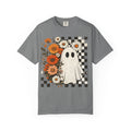 Ghost & Flowers Graphic Tee — Checkerboard Floral Halloween T-Shirt