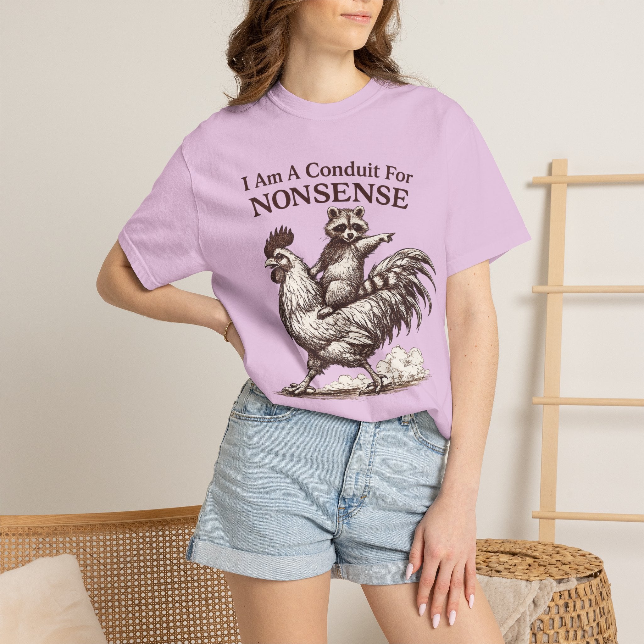 I Am a Conduit for Nonsense T-Shirt — Raccoon Riding Rooster Vintage Graphic Tee
