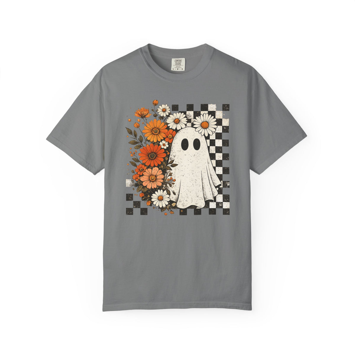 Ghost & Flowers Graphic Tee — Checkerboard Floral Halloween T-Shirt
