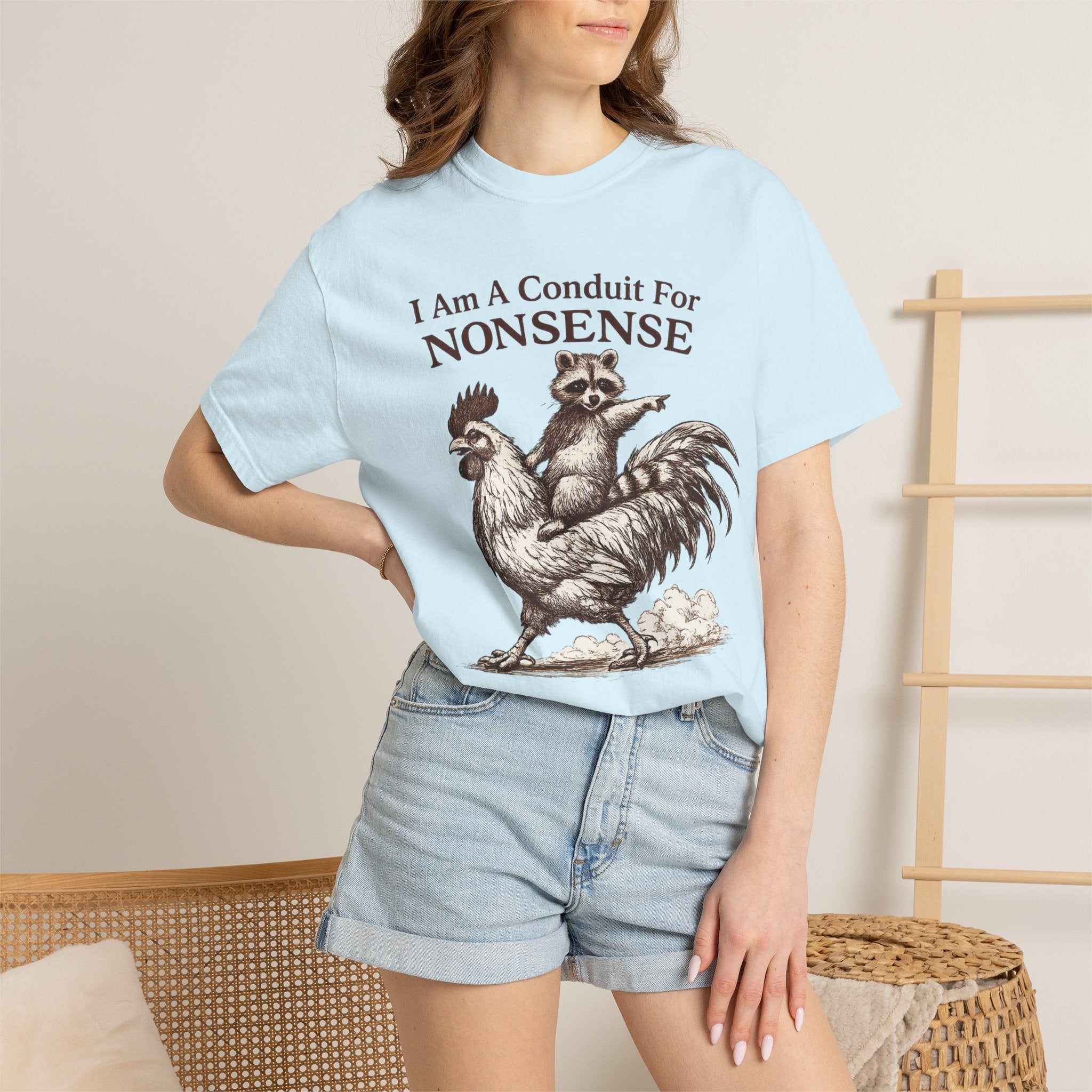 I Am a Conduit for Nonsense T-Shirt — Raccoon Riding Rooster Vintage Graphic Tee