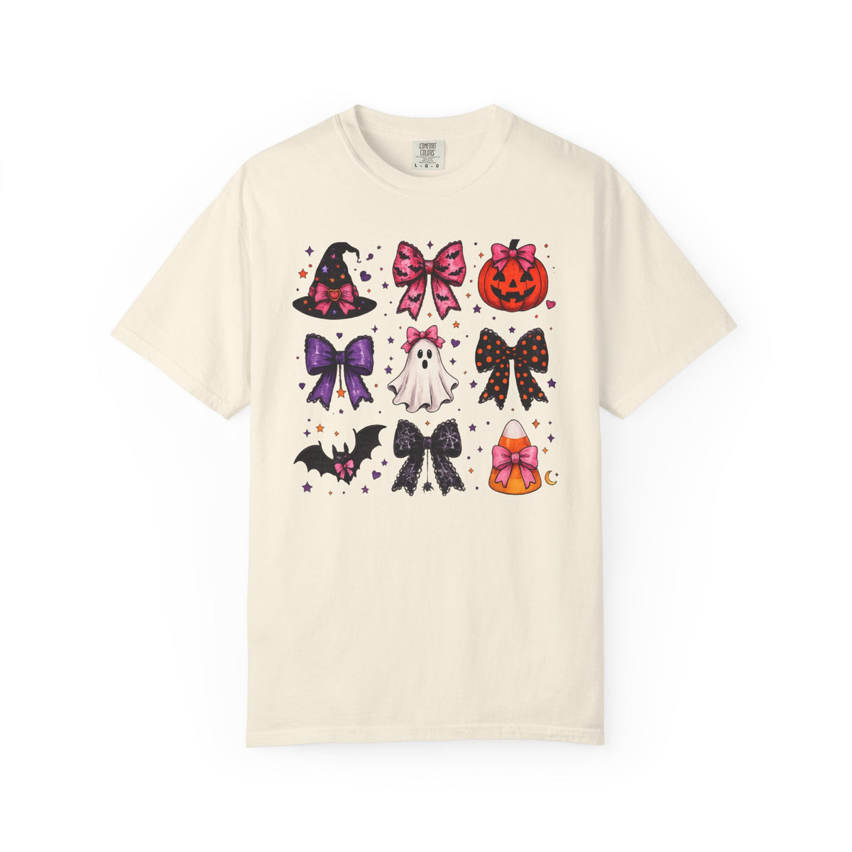 Halloween Bow Icons T-Shirt — Cute Spooky Ghost, Pumpkin & Bat Graphic Tee