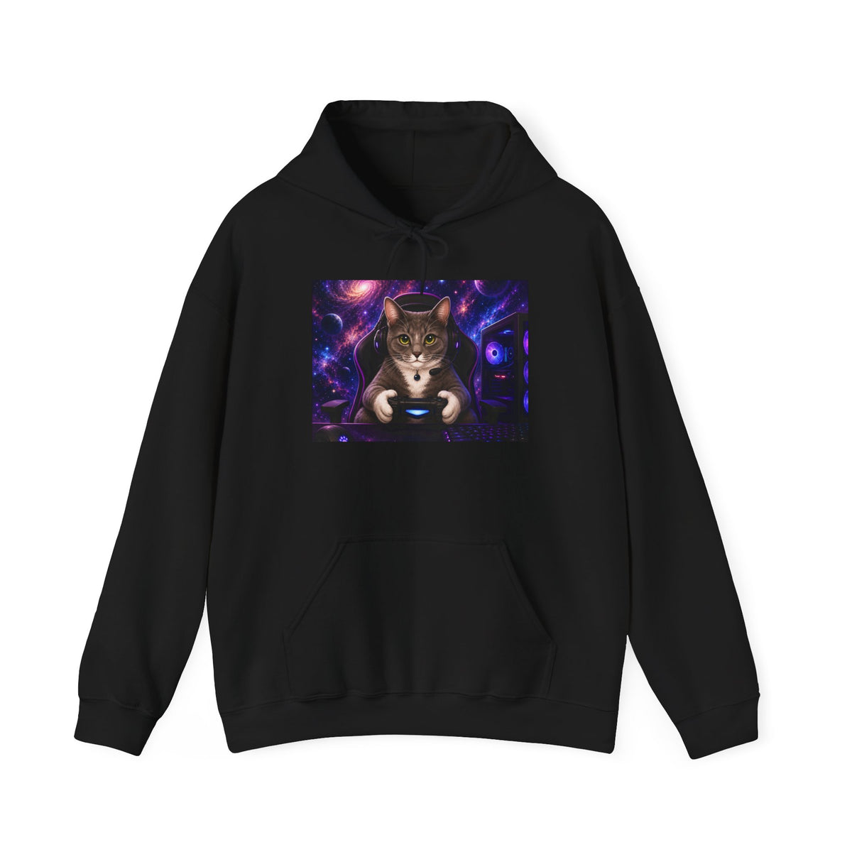 Cat gamer Hoodie — Cosmic Cat Holding controller Sweatshirt