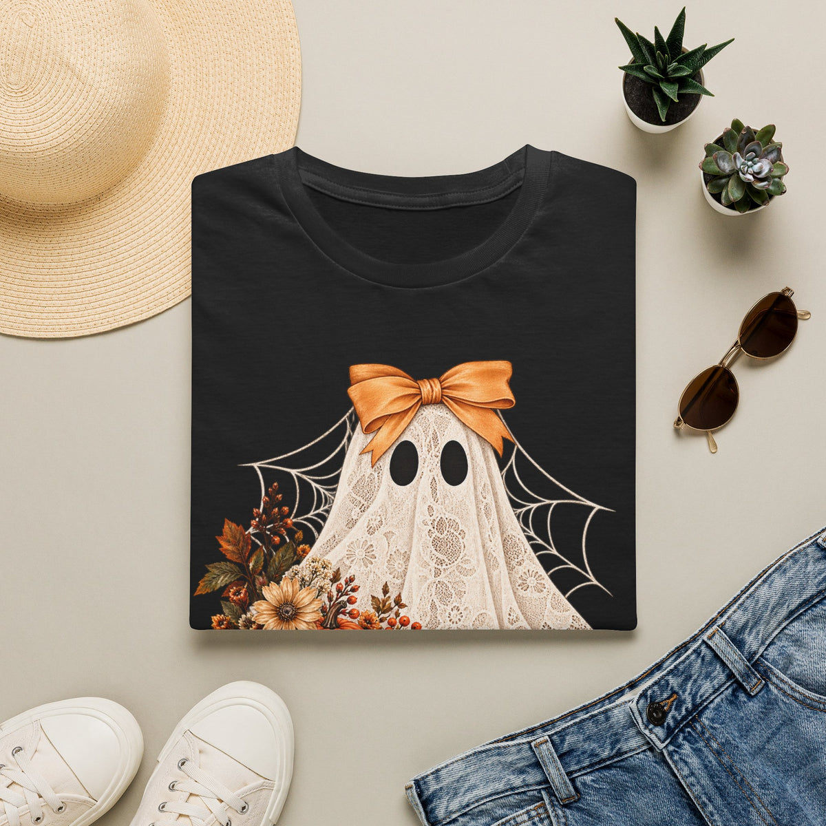 Lace Ghost Tee — Cute Halloween Ghost with Orange Bow & Autumn Florals
